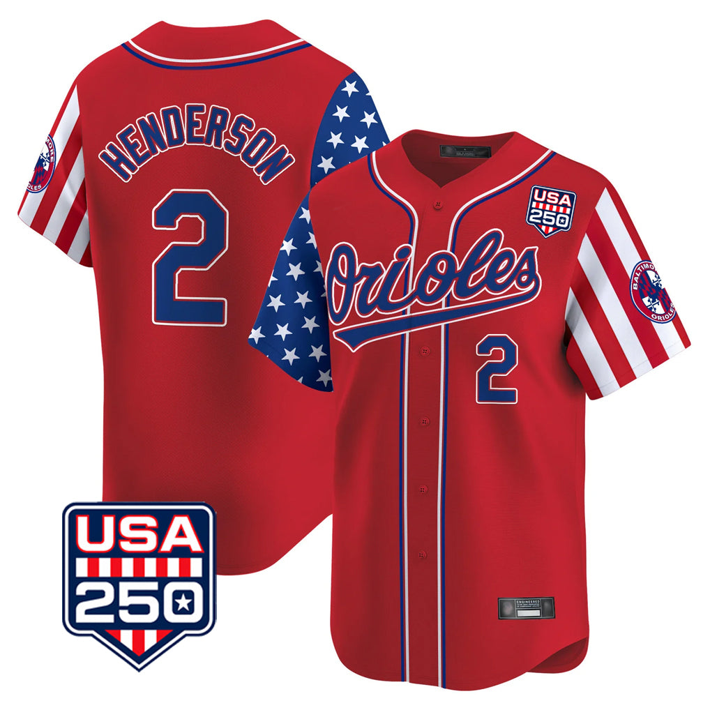 B.Orioles #2 Gunnar Henderson Player Red USA 250 Independence Day Vapor Premier Limited Home Game Jdoa Stitched Jerseys