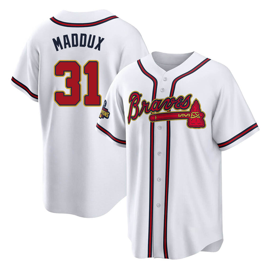 A.Braves #31 Greg Maddux Player White Gold Home Game Jdoa Stitched Jerseys
