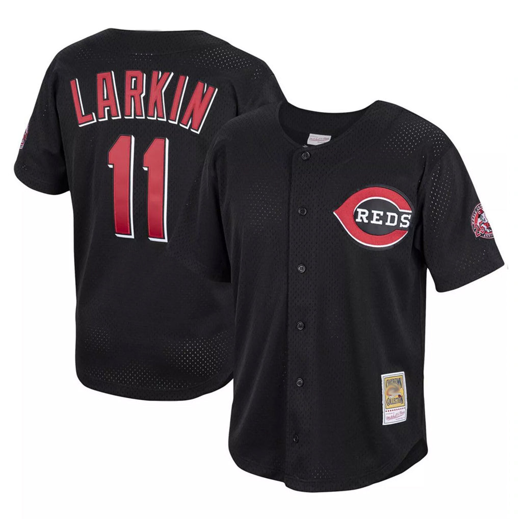 C.Reds #11 Barry Larkin Player Black Mitchell & Ness Throwback Cooperstown Mesh Game Jdoa Stitched Jerseys