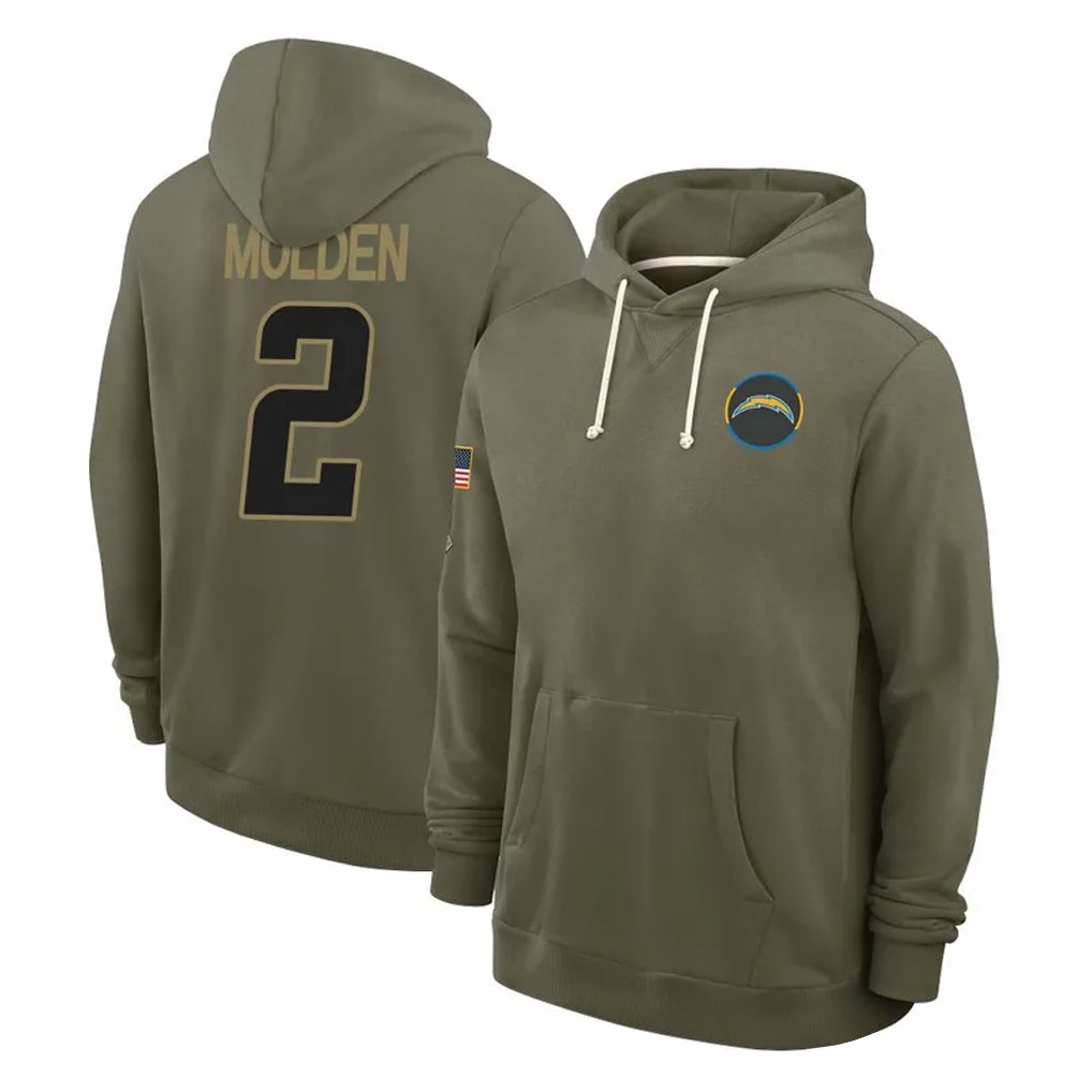 LA.Chargers #2 Elijah Molden Player Olive Salute to Service Pullover Hoodies Limited Stitched Jerseys
