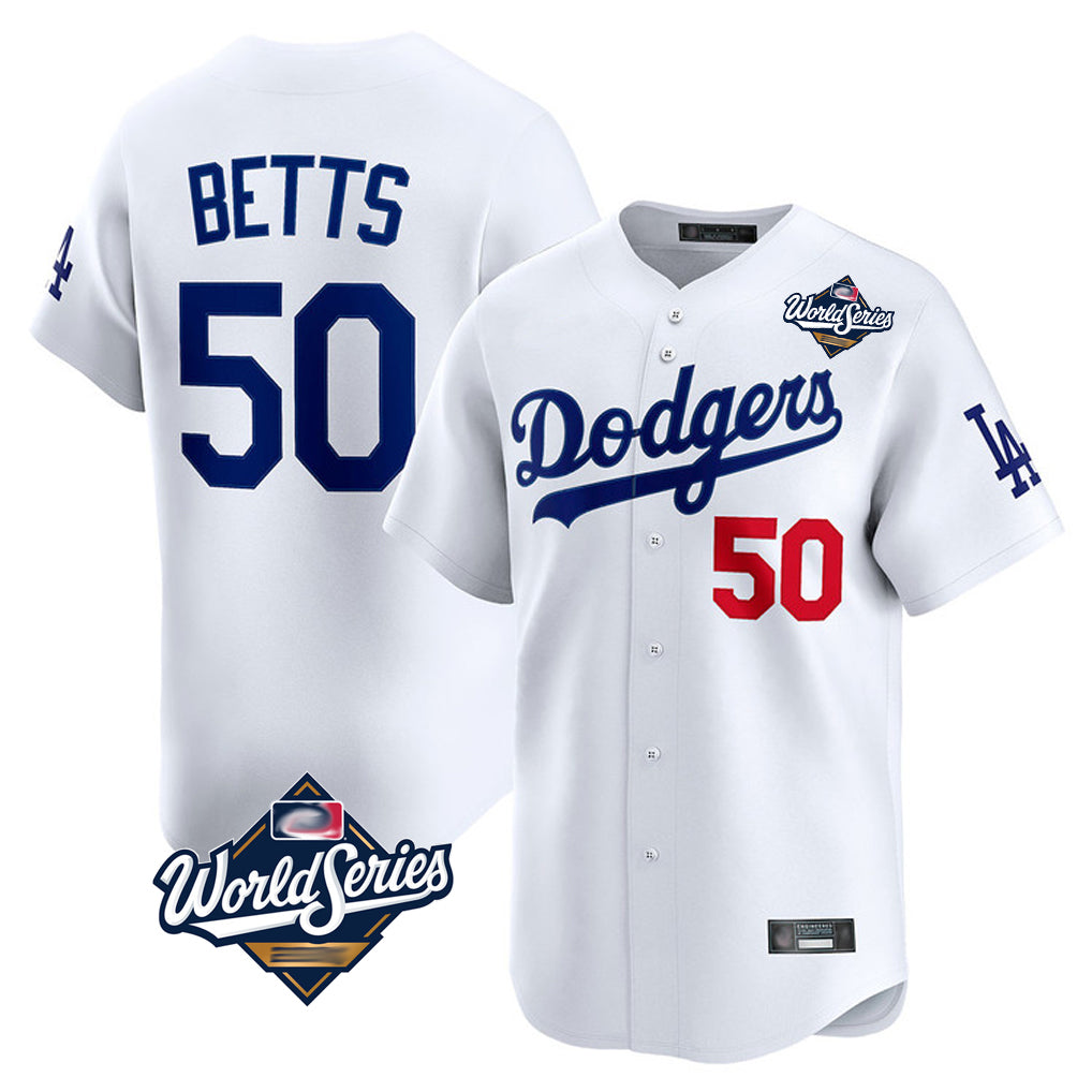 LA.Dodgers #50 Mookie Betts Player White World Series Limited Home Jdoa Stitched Jerseys