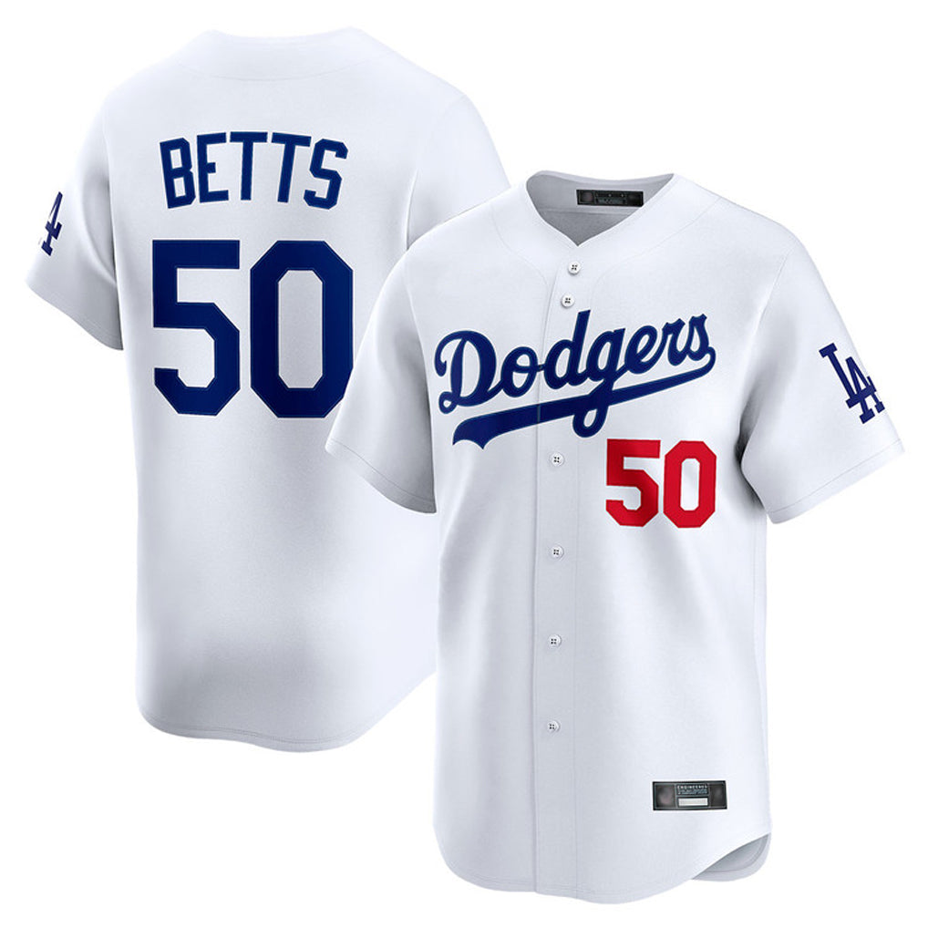 LA.Dodgers #50 Mookie Betts Player White Limited Home Jdoa Stitched Jerseys