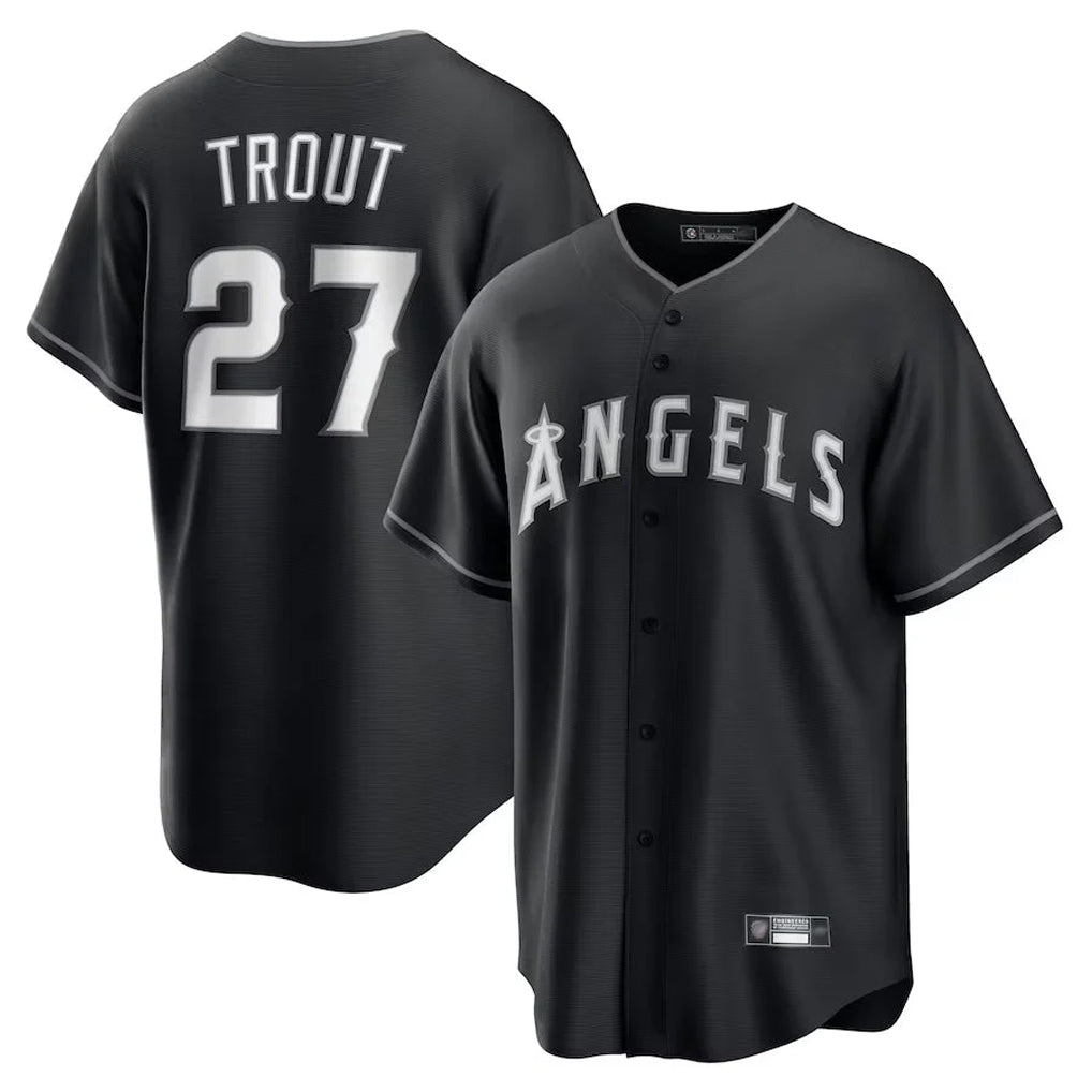 LA.Angels #27 Mike Trout Player Black Lights Out Fashion T-shirt Jdoa Stitched Jerseys