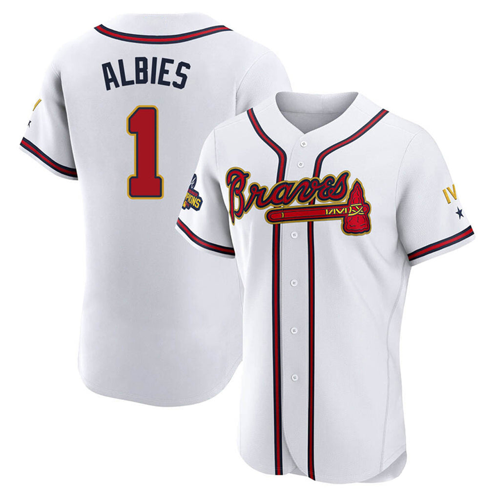 A.Braves #1 Ozzie Albies Player White Gold Limited Elite Home Game Jdoa Stitched Jerseys