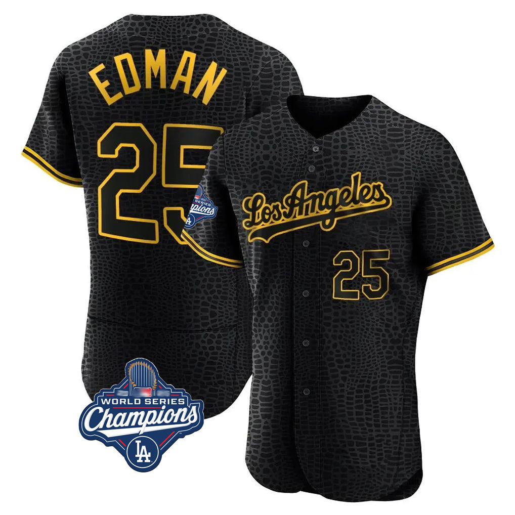 LA.Dodgers #25 Tommy Edman Player Black World Series Meet Snake Skin City Limited Elite Home Jdoa Stitched Jerseys