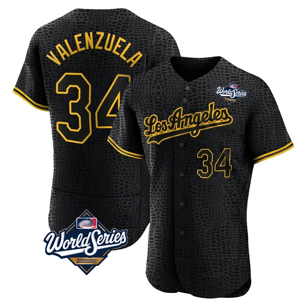 LA.Dodgers #34 Fernando Valenzuela Player Black World Series Snake Skin City Limited Elite Home Jdoa Stitched Jerseys