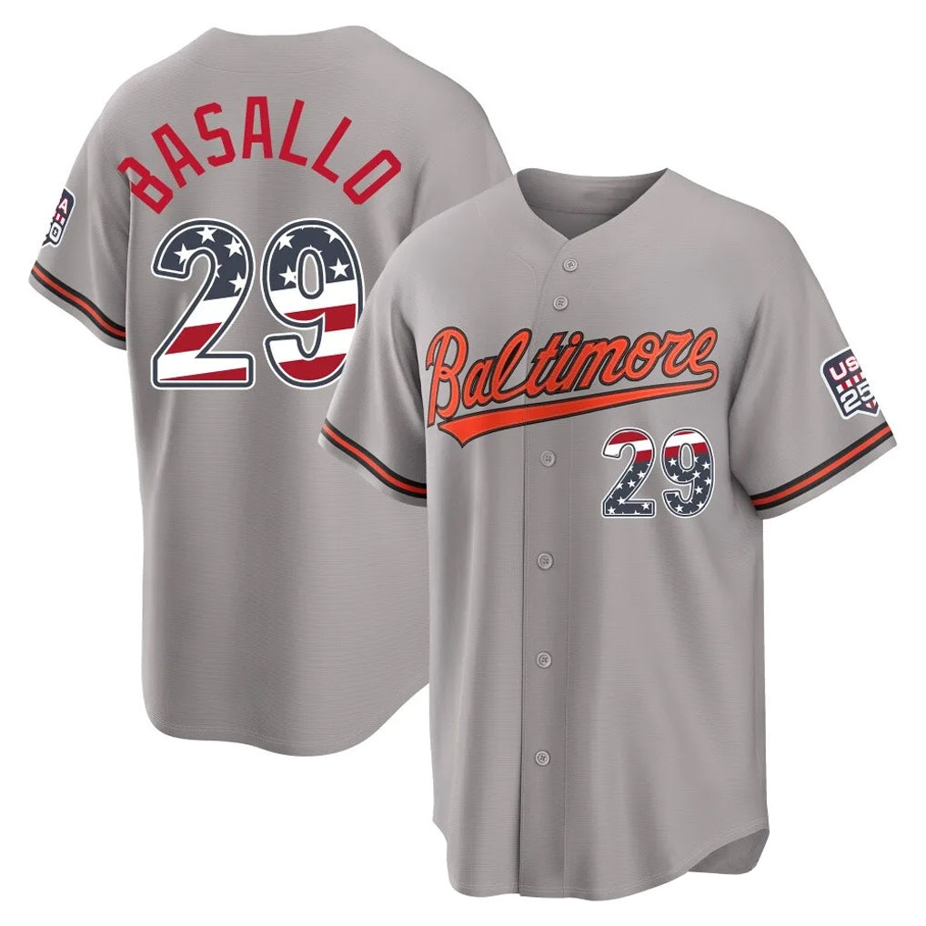 B.Orioles #29 Samuel Basallo Player Gray USA 250 Fourth of July Home Game Jdoa Stitched Jerseys