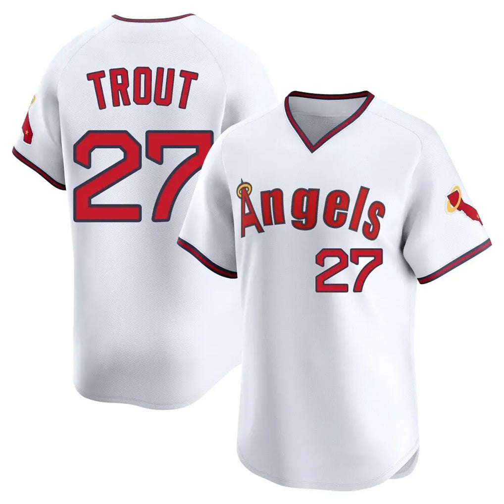 LA.Angels #27 Mike Trout Player White T-shirt Home Limited Jdoa Stitched Jerseys