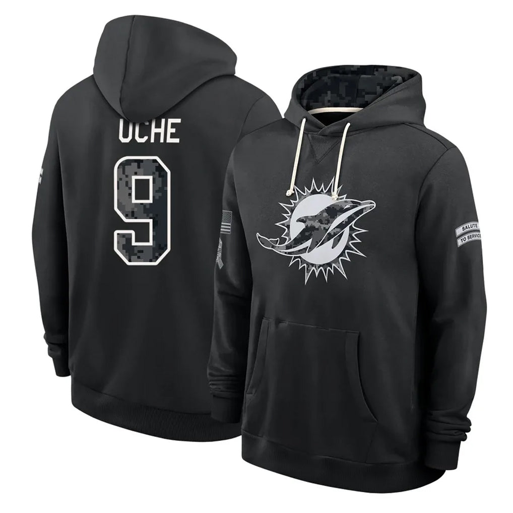 M.Dolphins #9 Joshua Uche Player 2026 Black Logo Pullover Hoodies Limited Game Jdoa Stitched Jerseys