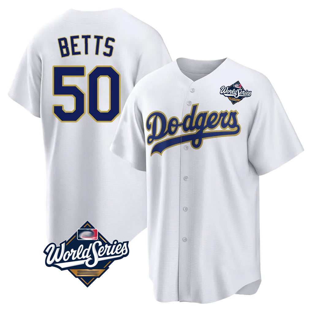 LA.Dodgers #50 Mookie Betts Player Gold White World Series 2026 Collection Stadium Game Jdoa Stitched Jerseys