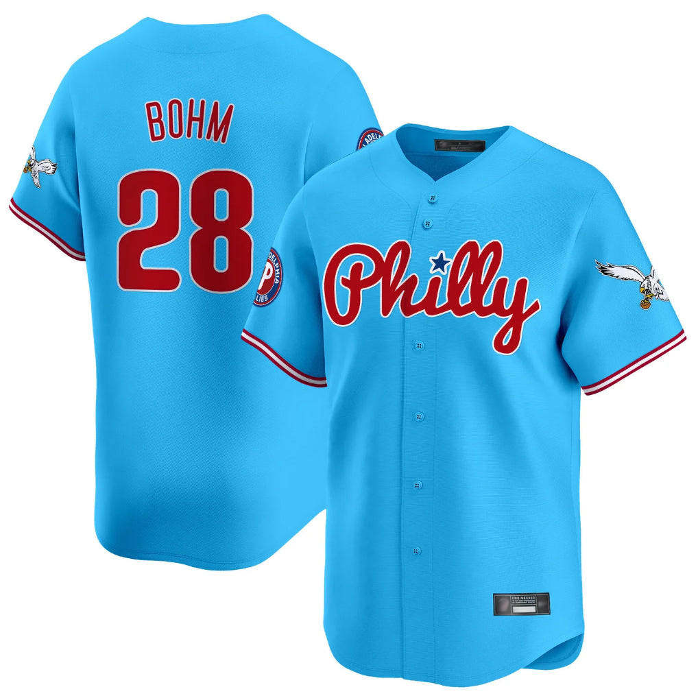 P.Phillies #28 Alec Bohm Player Light Blue Phillies & Eagles Vapor Premier Limited Home Jdoa Stitched Jerseys