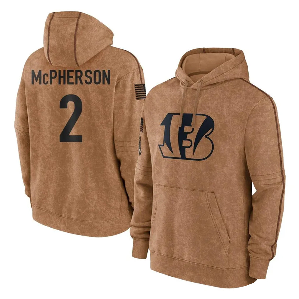 C.Bengals #2 Evan McPherson Player Brown Salute to Service Pullover Hoodie Limited Jdoa Stitched Jerseys