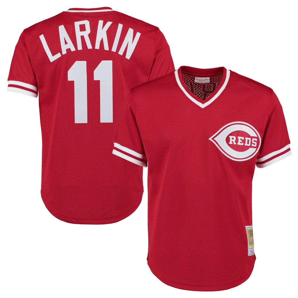 C.Reds #11 Barry Larkin Player Red Mitchell & Ness Throwback Cooperstown Mesh T-shirt Game Jdoa Stitched Jerseys
