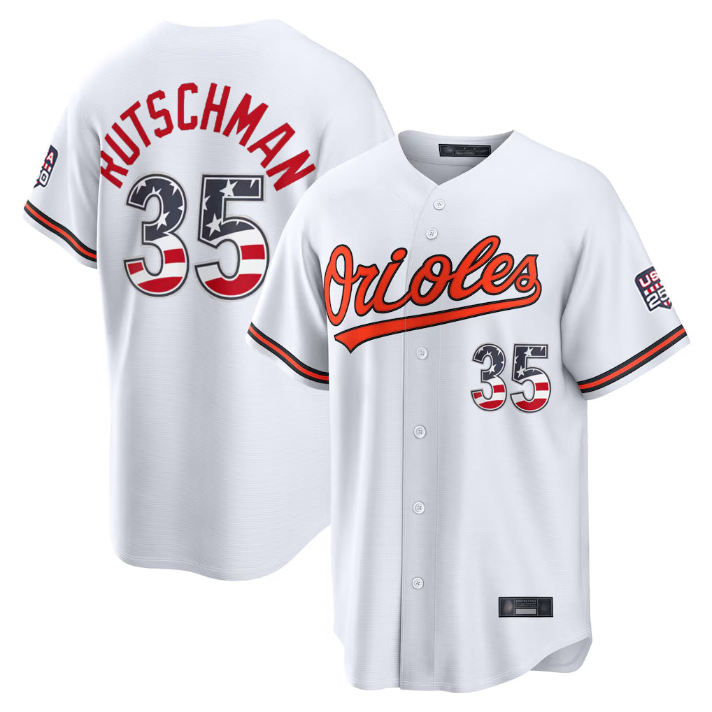 B.Orioles #35 Adley Rutschman Player White USA 250 Fourth of July Home Game Jdoa Stitched Jerseys
