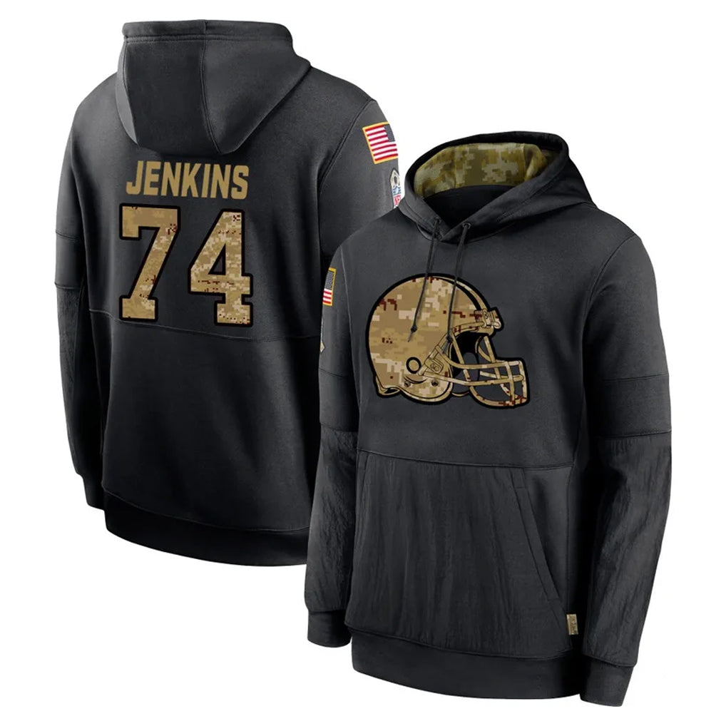 C.Browns #74 Elgton Jenkins Player Black Salute to Service Pullover Hoodies Limited Jdoa Stitched Jerseys