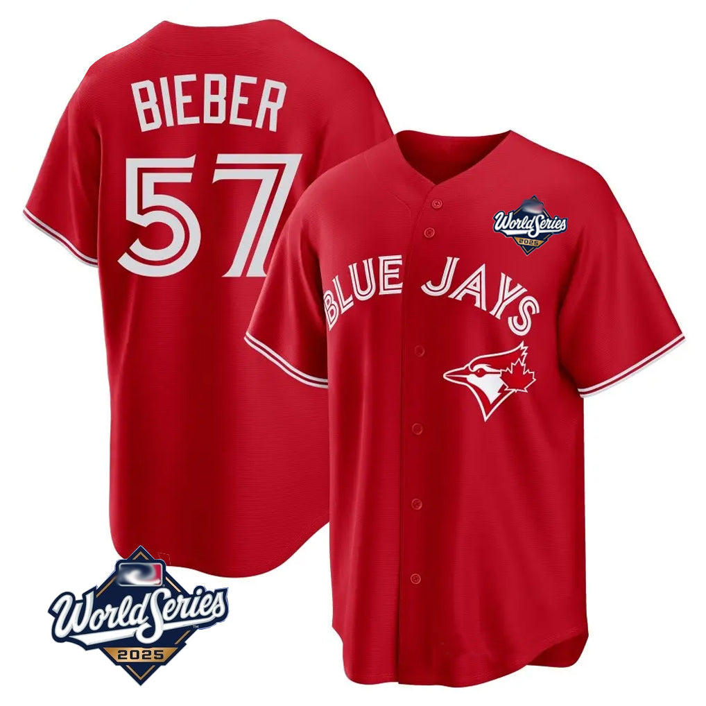 T.Blue Jays #57 Shane Bieber Player Red 2025 World Series All Jdoa Stitched Jerseys
