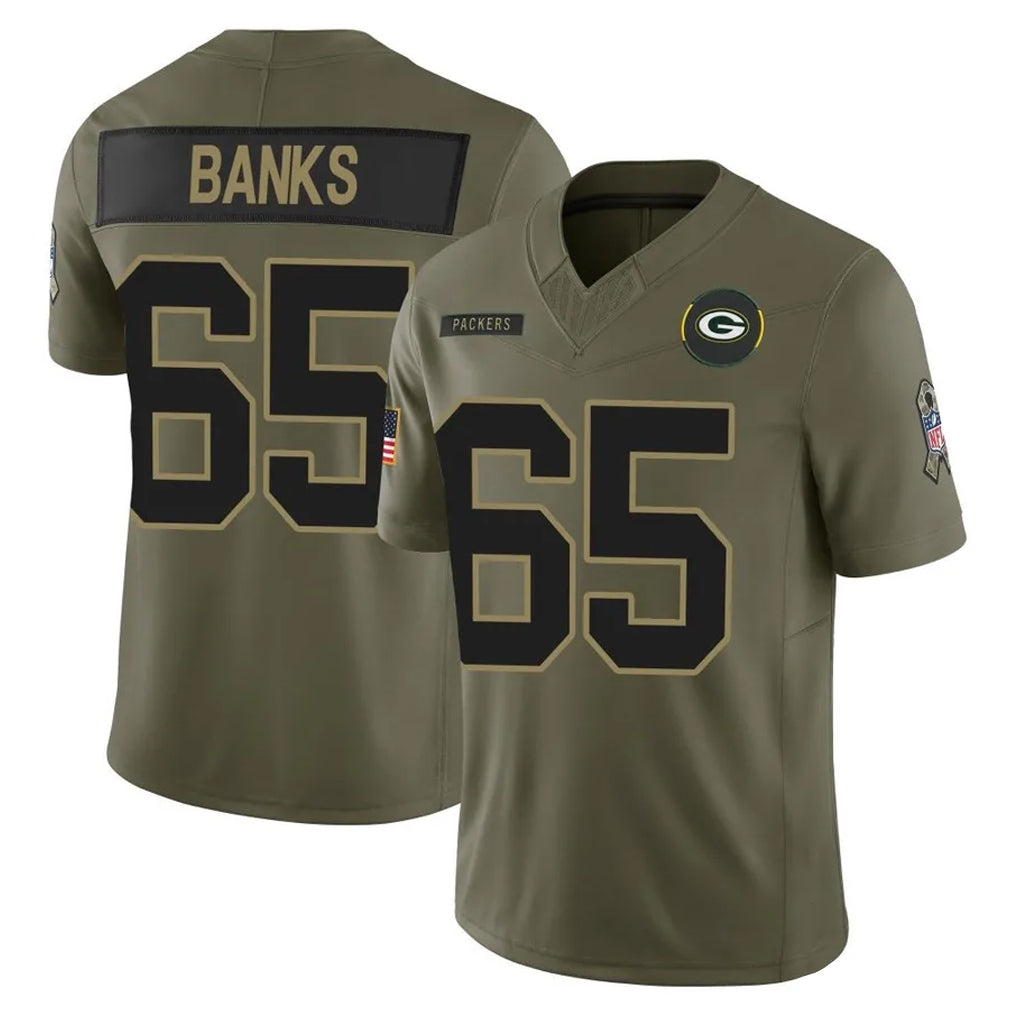 GB.Packers #65 Aaron Banks Player Olive 2025 Salute To Service Limited Home Game Jdoa Stitched Jerseys