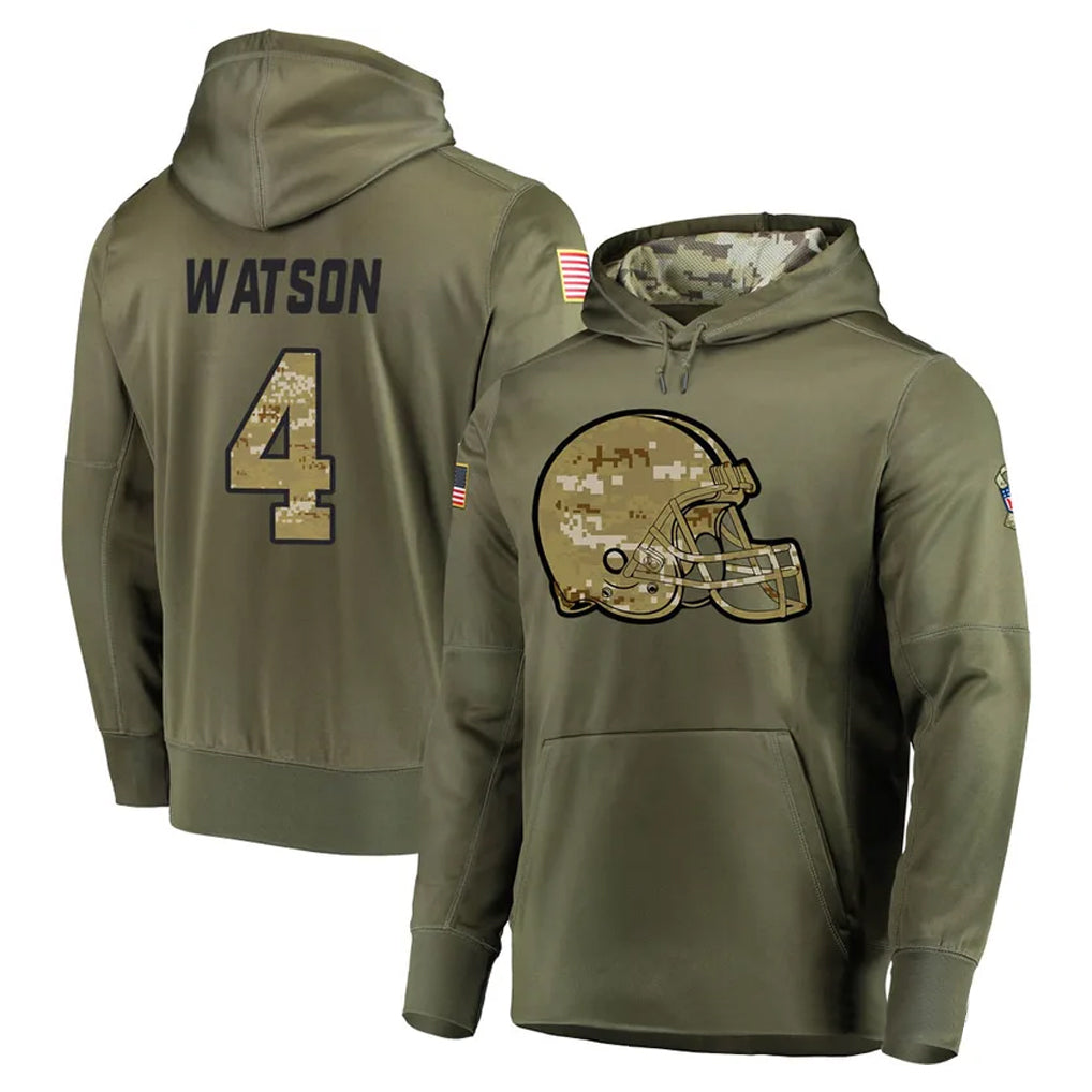 C.Browns #4 Deshaun Watson Player Olive Salute to Service Pullover Hoodies Home Game Jdoa Stitched Jerseys