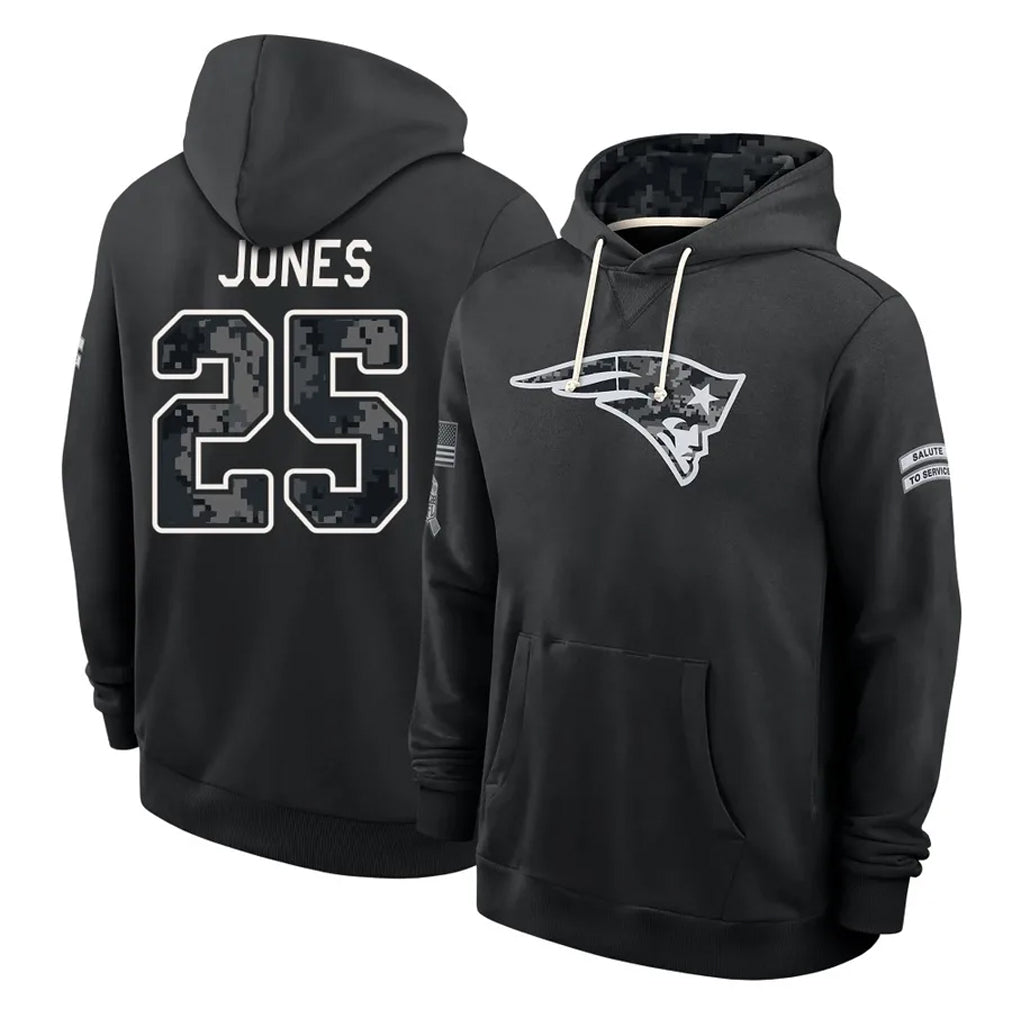 NE.Patriots #25 Marcus Jones Player 2026 Black Logo Pullover Hoodies Limited Game Jdoa Stitched Jerseys