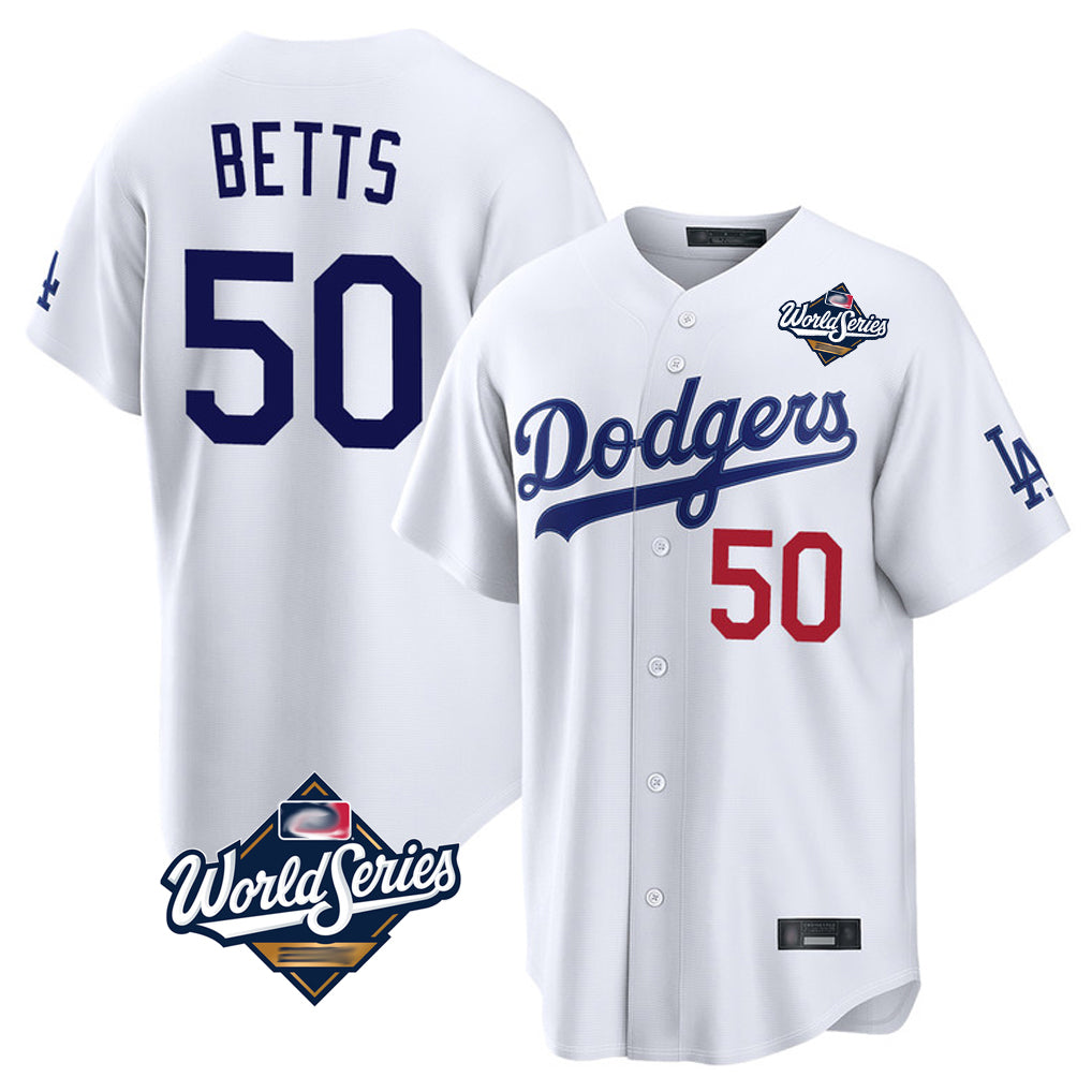 LA.Dodgers #50 Mookie Betts Player White World Series Home Game Jdoa Stitched Jerseys