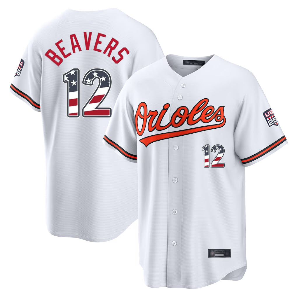 B.Orioles #12 Dylan Beavers Player White USA 250 Fourth of July Home Game Jdoa Stitched Jerseys