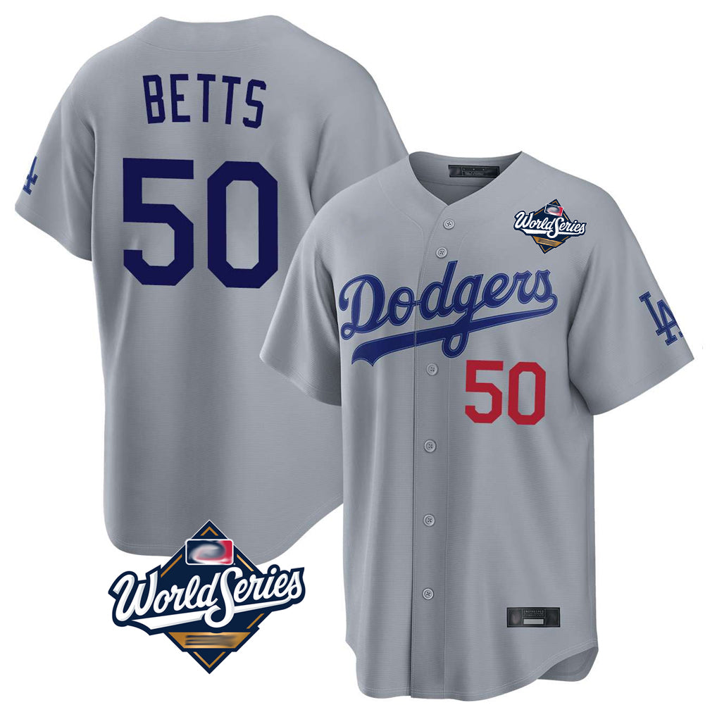 LA.Dodgers #50 Mookie Betts Player Gray World Series Game Home Jdoa Stitched Jerseys
