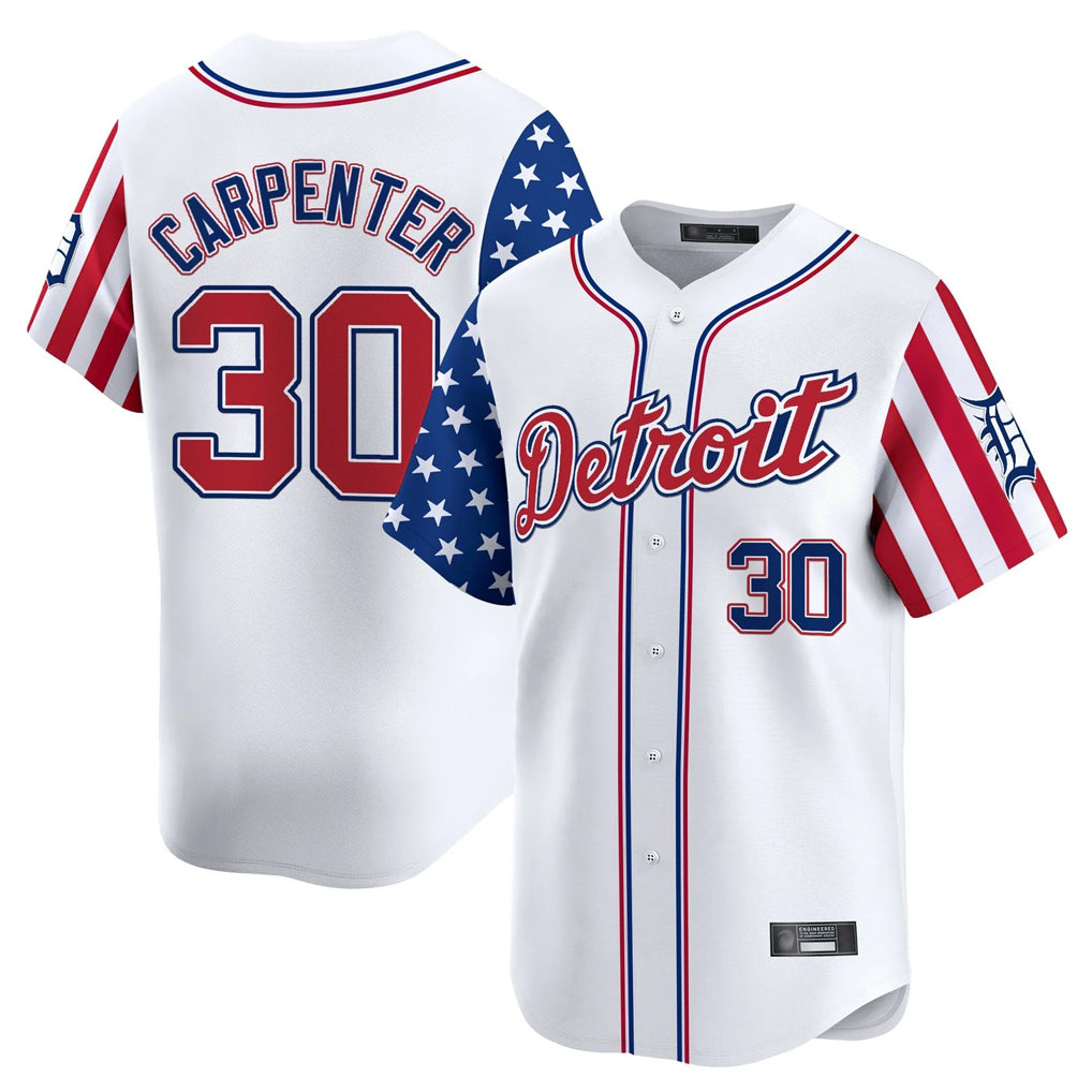 D.Tigers #30 Kerry Carpenter Player White Independence Day Vapor Premier Limited Jdoa Stitched Jerseys