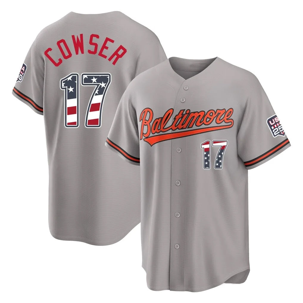 B.Orioles #17 Colton Cowser Player Gray USA 250 Fourth of July Home Game Jdoa Stitched Jerseys