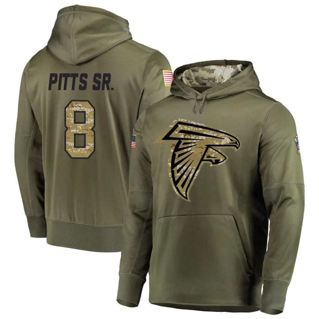 A.Falcons #8 Kyle Pitts Sr. Player Olive Salute to Service Club Fleece Hoodie Jdoa Stitched Jerseys