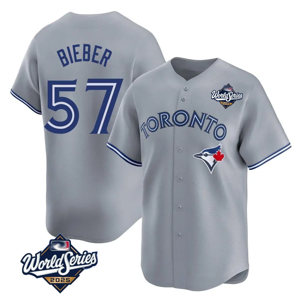 T.Blue Jays #57 Shane Bieber Player Gray 2025 World Series All Jdoa Stitched Jerseys