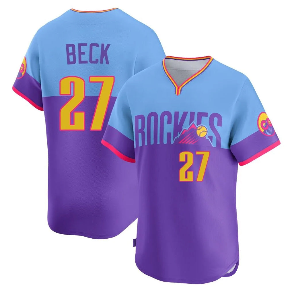 C.Rockies #27 Jordan Beck Player Purple-Light Blue City Connect Limited Home T-shirt Jdoa Stitched Jerseys