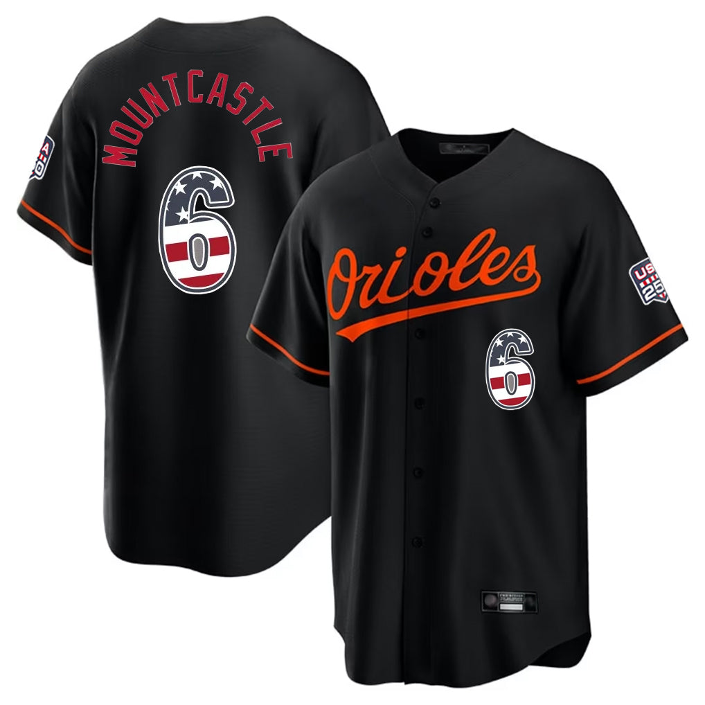 B.Orioles #6 Ryan Mountcastle Player Black USA 250 Fourth of July Home Game Jdoa Stitched Jerseys