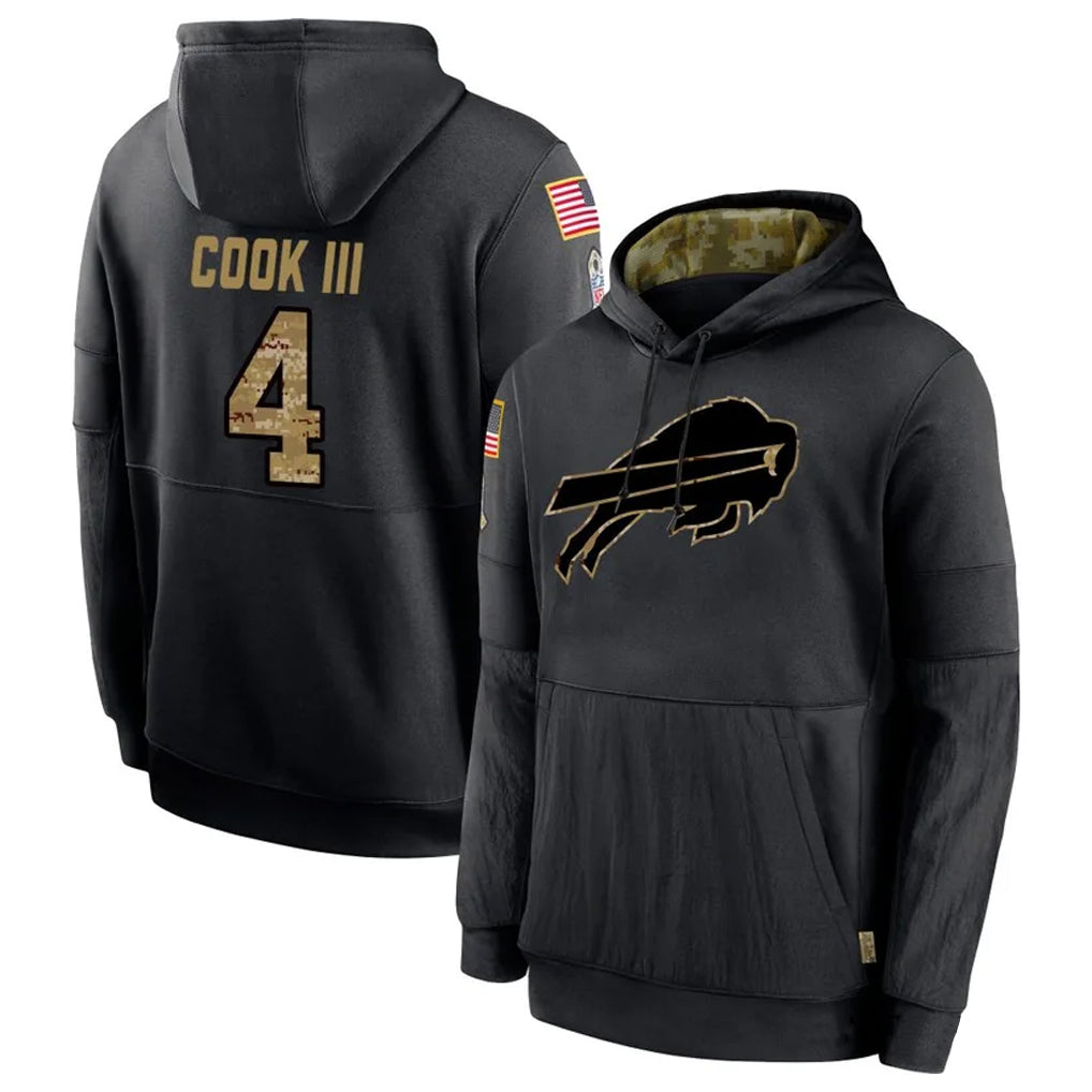 B.Bills #4 James Cook III Player Black Salute to Service Hoodies Hame Jdoa Stitched Jerseys