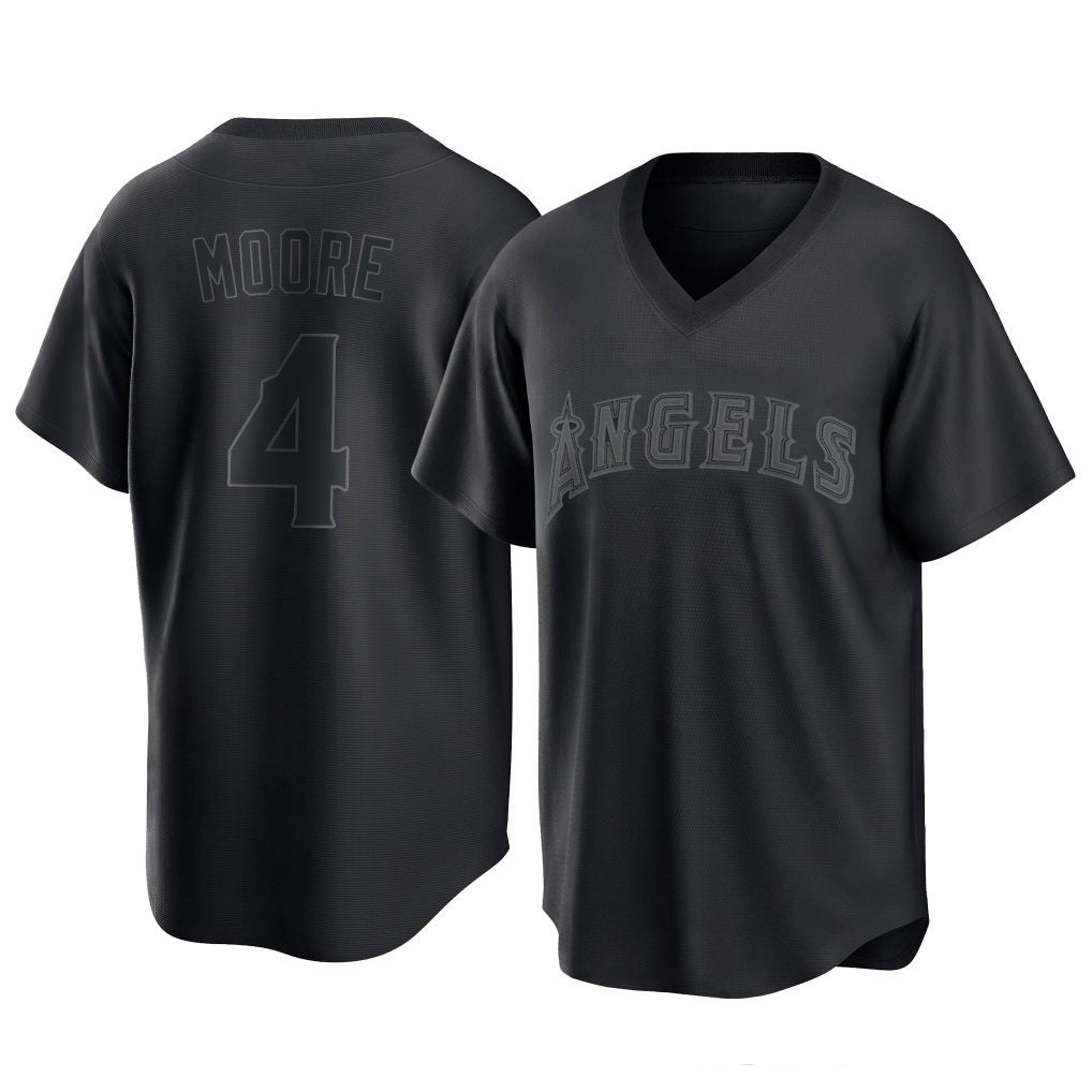 LA.Angels #4 Christian Moore Player Black Pitch Fashion T-shirt Jdoa Stitched Jerseys