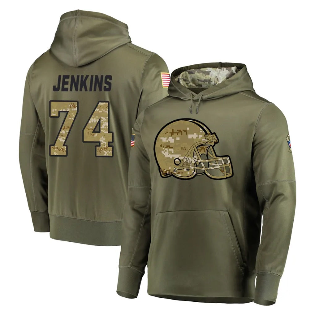 C.Browns #74 Elgton Jenkins Player Olive Salute to Service Pullover Hoodies Home Game Jdoa Stitched Jerseys