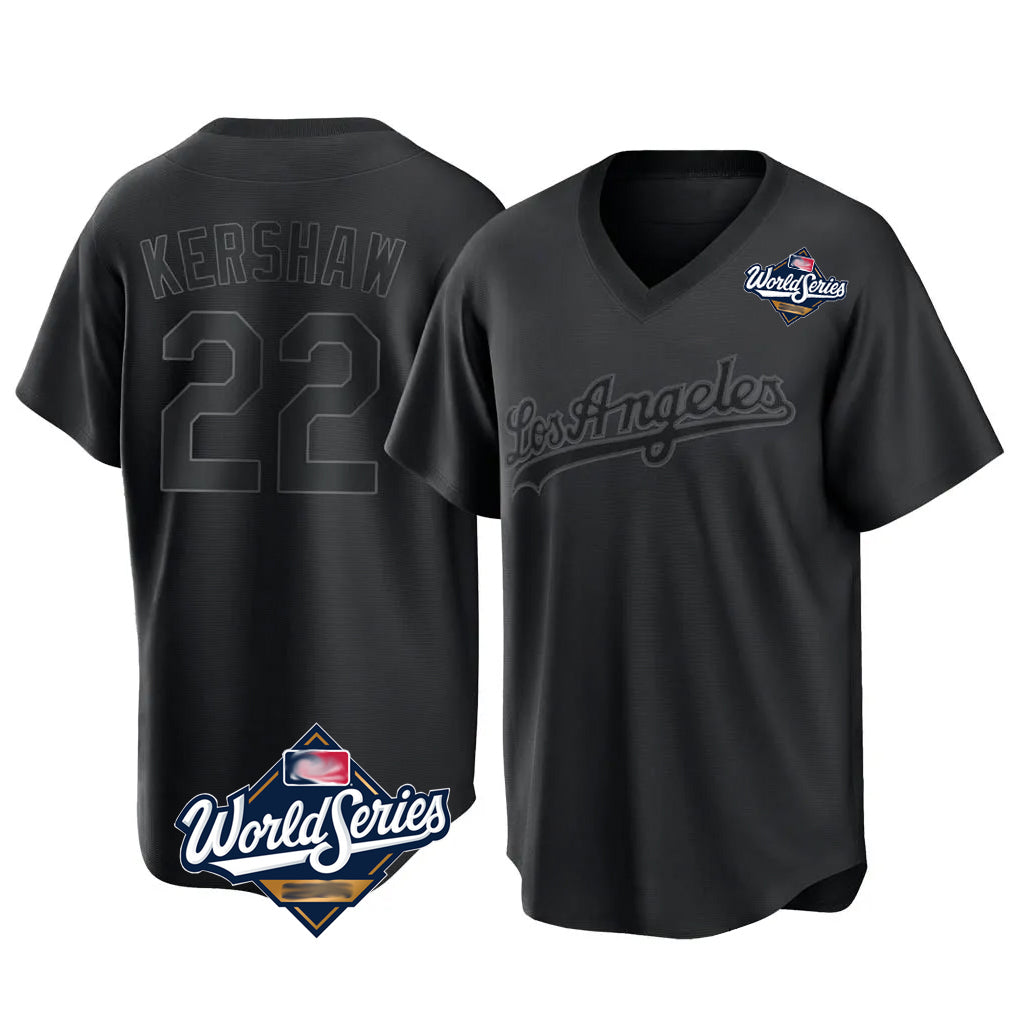 LA.Dodgers #22 Clayton Kershaw Player Black World Series Pitch Fashion T-shirt Jdoa Stitched Jerseys