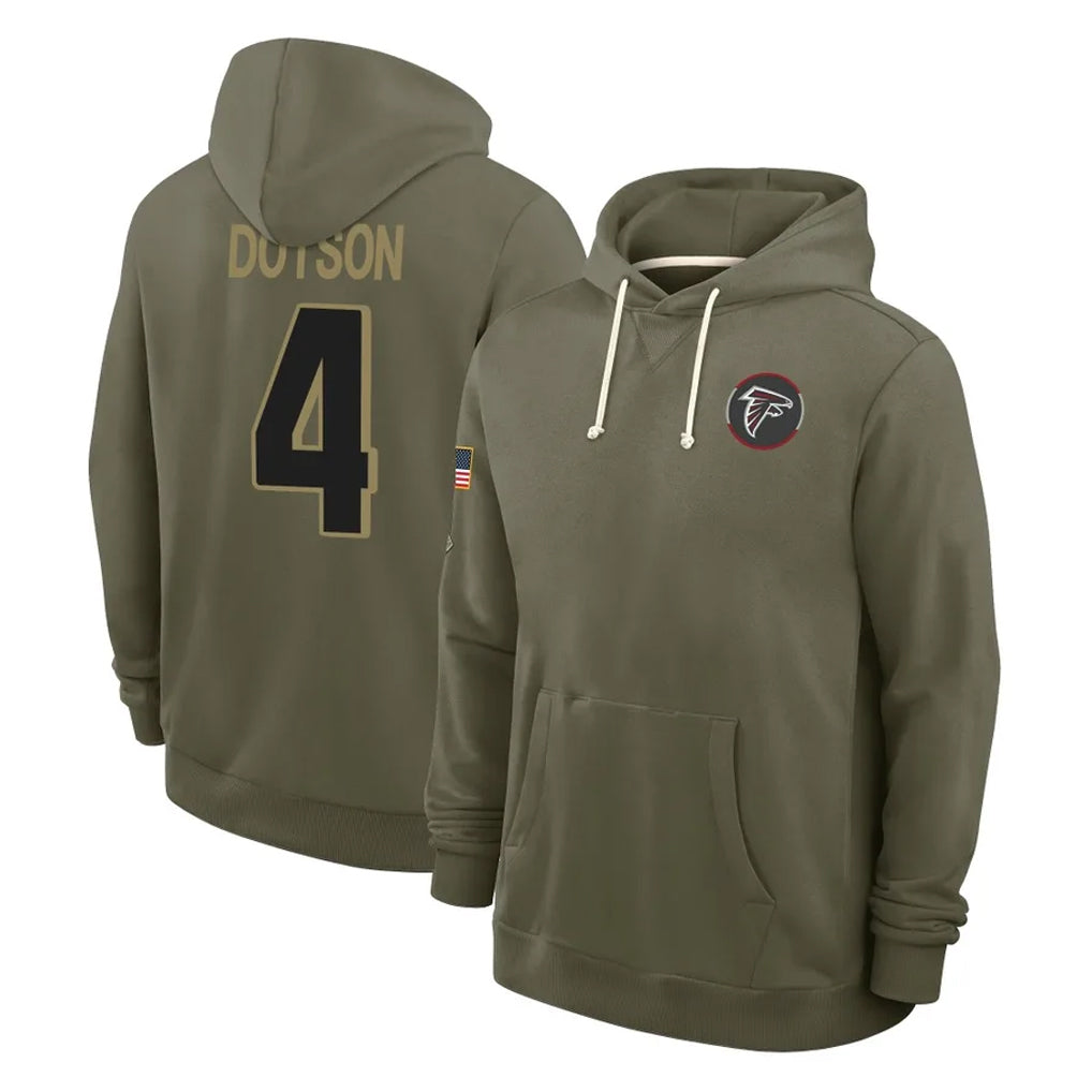 A.Falcons #4 Jahan Dotson Player Olive 2025 Salute to Service Hoodies Jdoa Stitched Jerseys