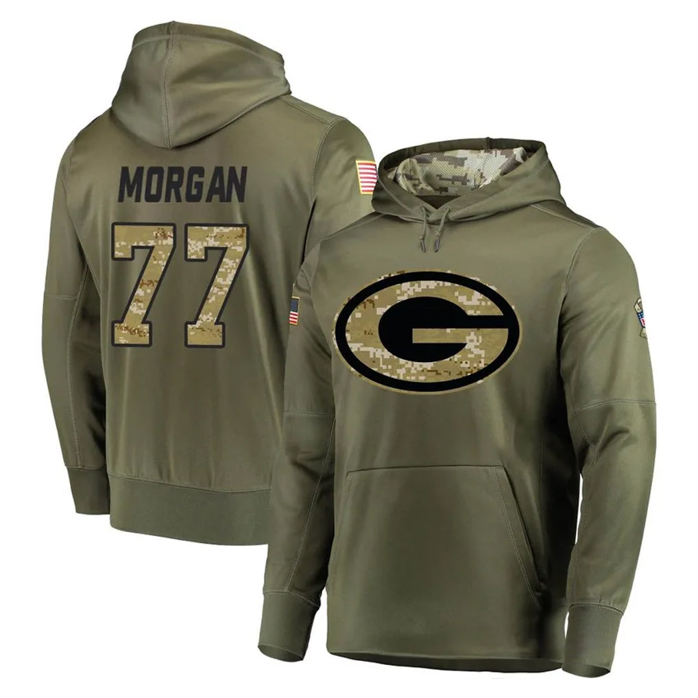 GB.Packers #77 Jordan Morgan Player Olive Salute to Service Pullover Hoodies Home Game Jdoa Stitched Jerseys