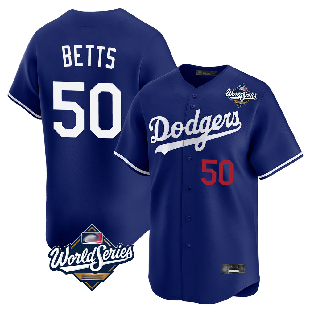 LA.Dodgers #50 Mookie Betts Player Royal World Series Limited Home Jdoa Stitched Jerseys