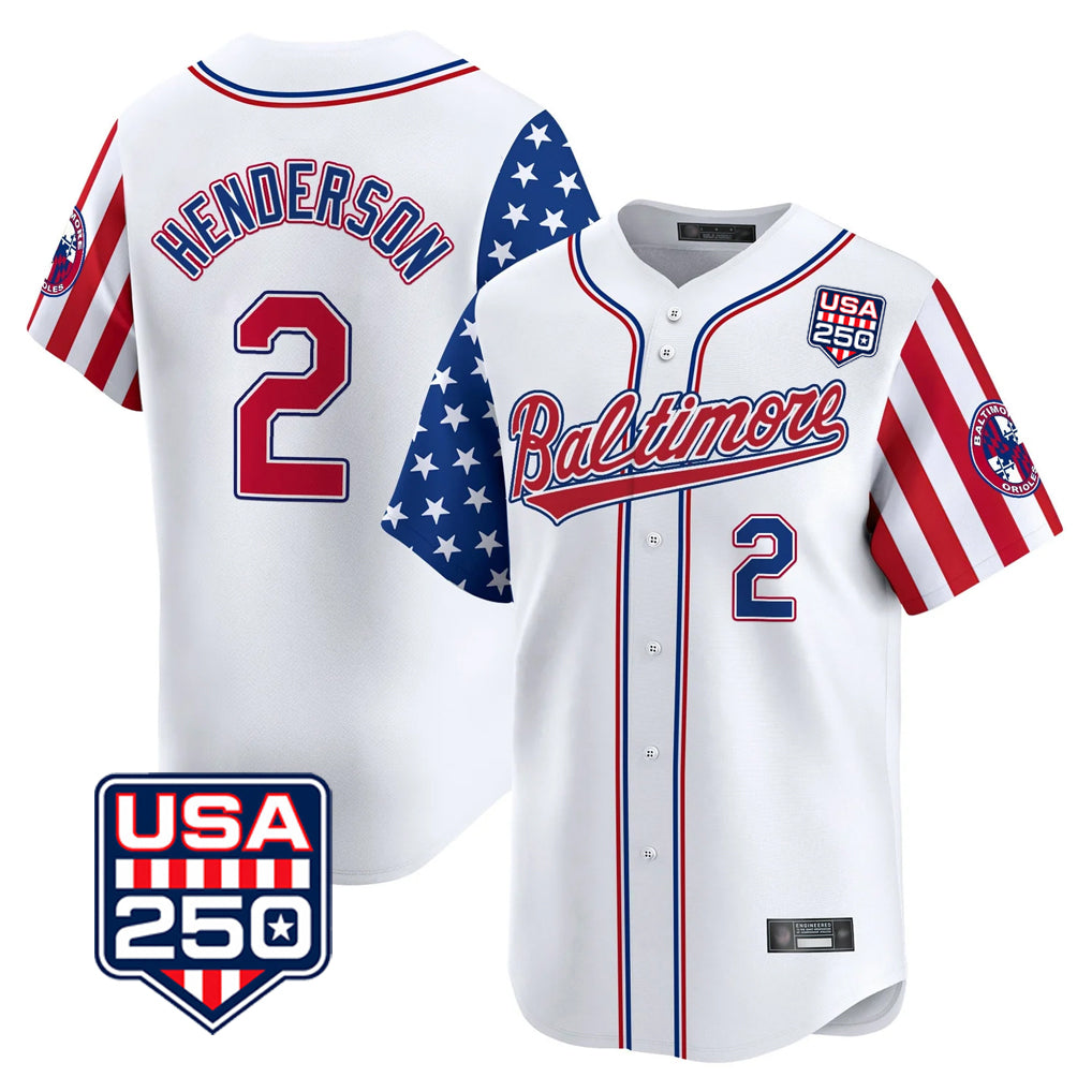 B.Orioles #2 Gunnar Henderson Player White USA 250 Independence Day Vapor Premier Limited Home Game Jdoa Stitched Jerseys
