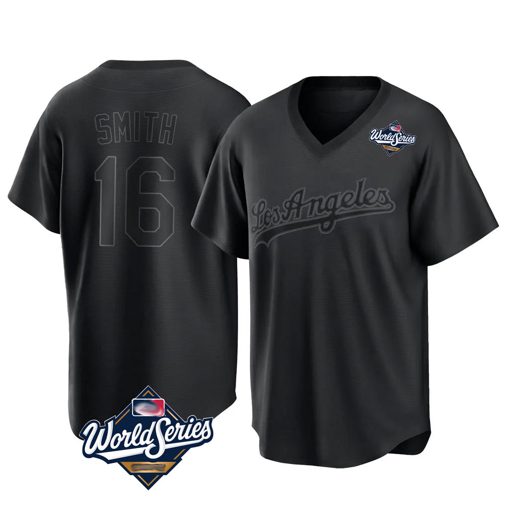 LA.Dodgers #16 Will Smith Player Black World Series Pitch Fashion T-shirt Jdoa Stitched Jerseys