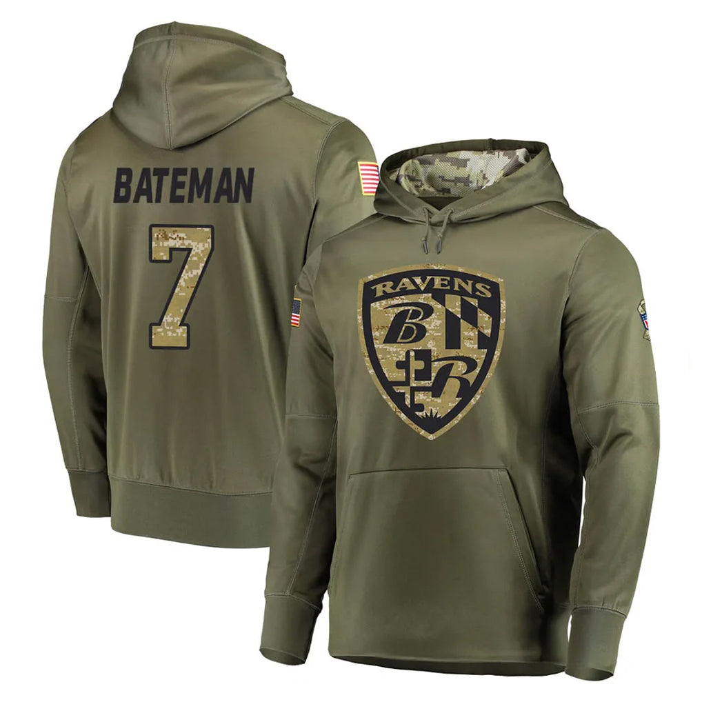 B.Ravens #7 Rashod Bateman Player Olive Salute to Service Pullover Hoodie Jdoa Stitched Jerseys