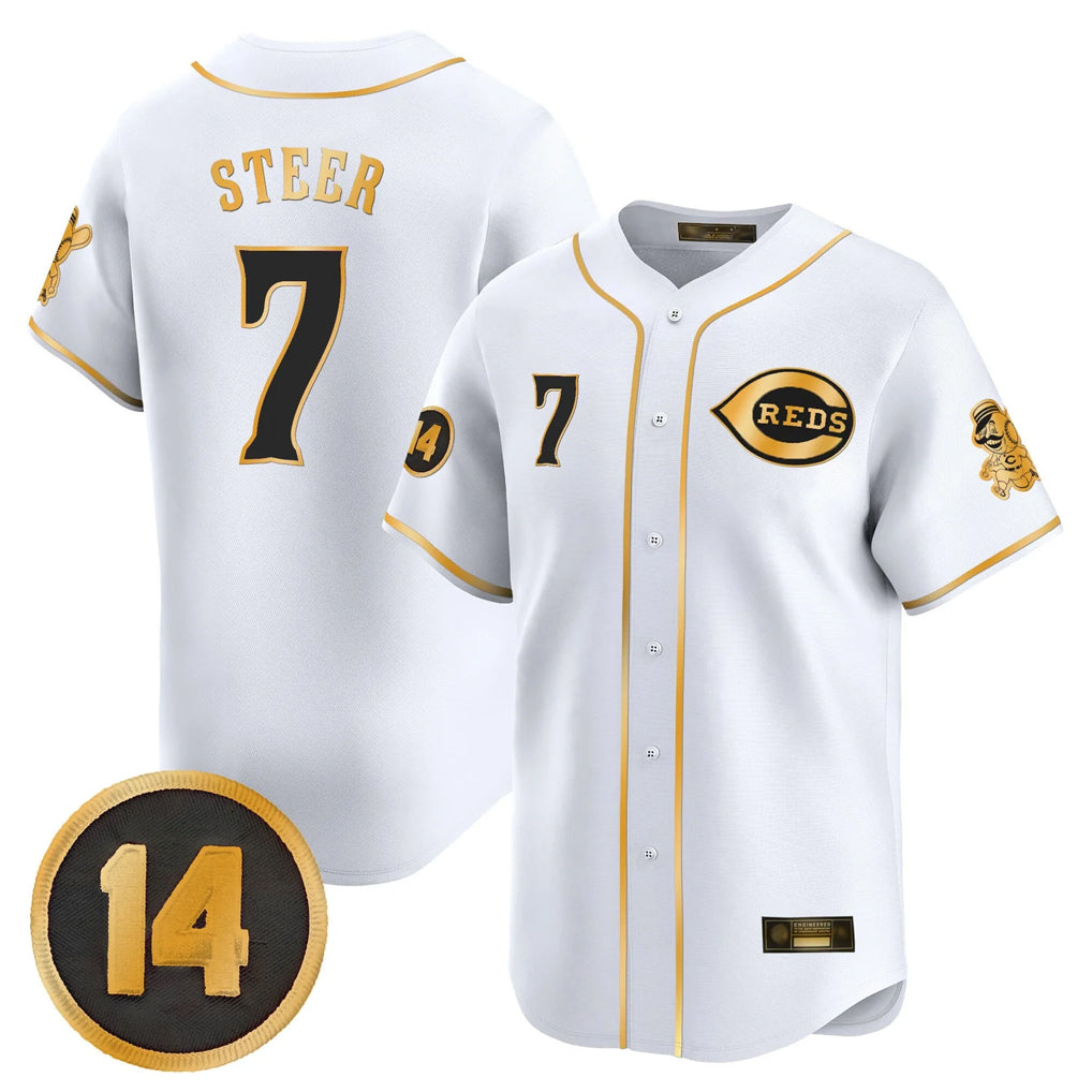 C.Reds #7 Spencer Steer Player White-Gold Vapor Premier Limited Home Jdoa Stitched Jerseys