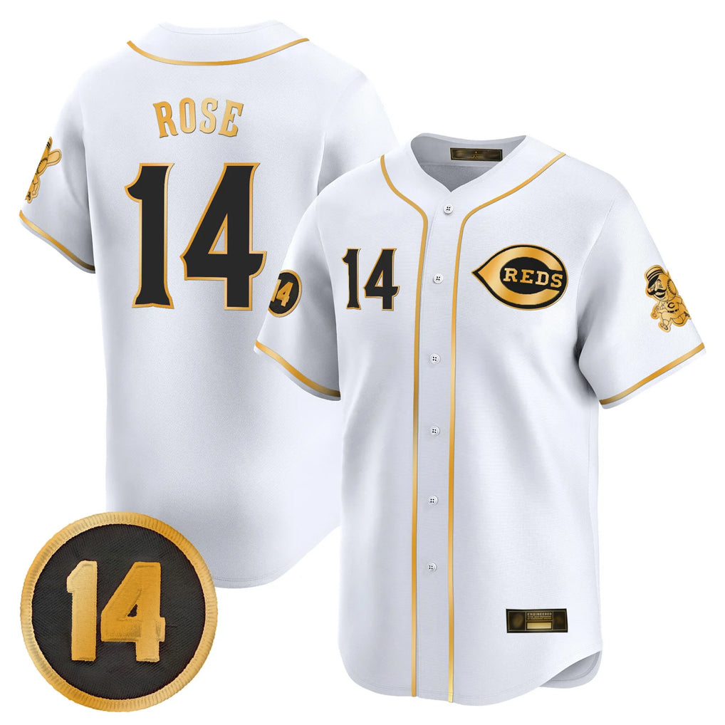 C.Reds #14 Pete Rose Player White-Gold Vapor Premier Limited Home Jdoa Stitched Jerseys