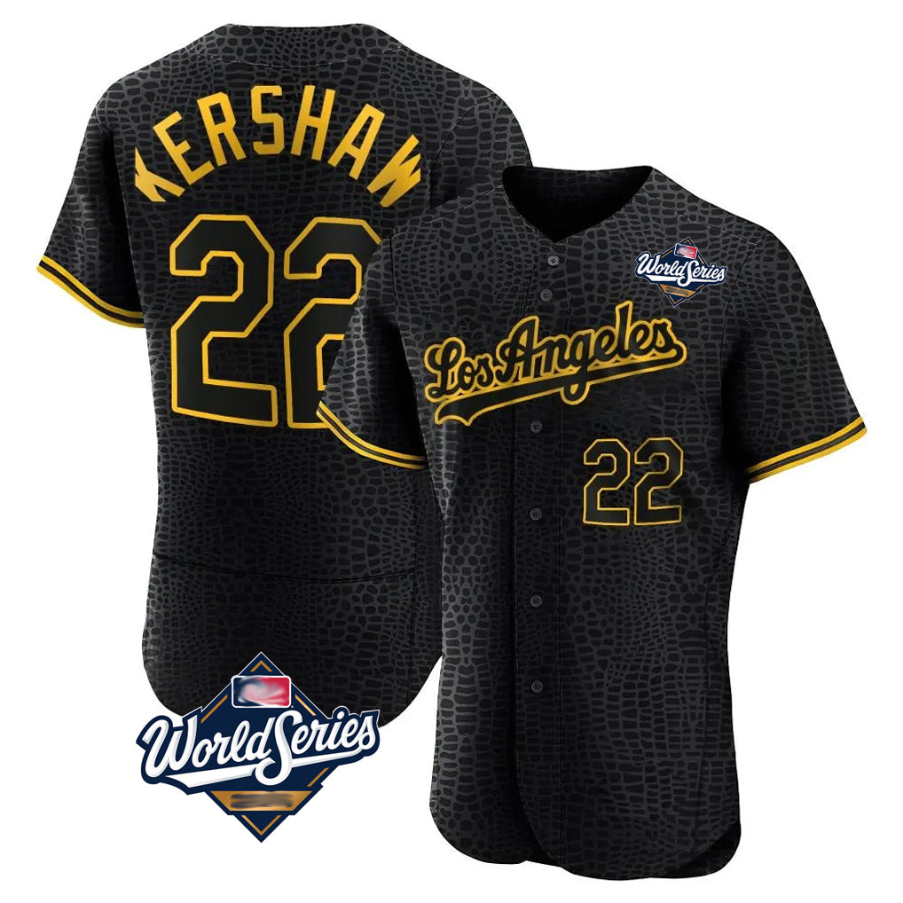 LA.Dodgers #22 Clayton Kershaw Player Black World Series Snake Skin City Limited Elite Home Jdoa Stitched Jerseys