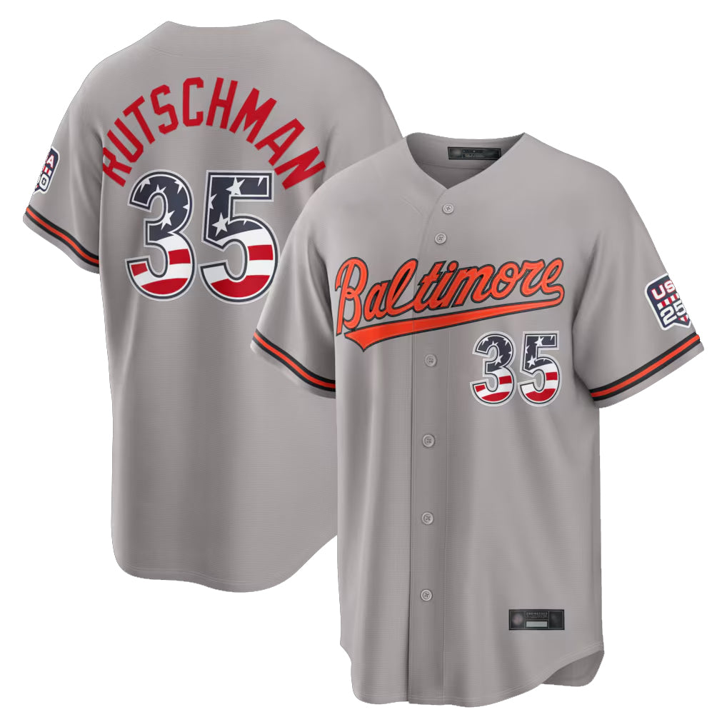 B.Orioles #35 Adley Rutschman Player Gray USA 250 Fourth of July Home Game Jdoa Stitched Jerseys