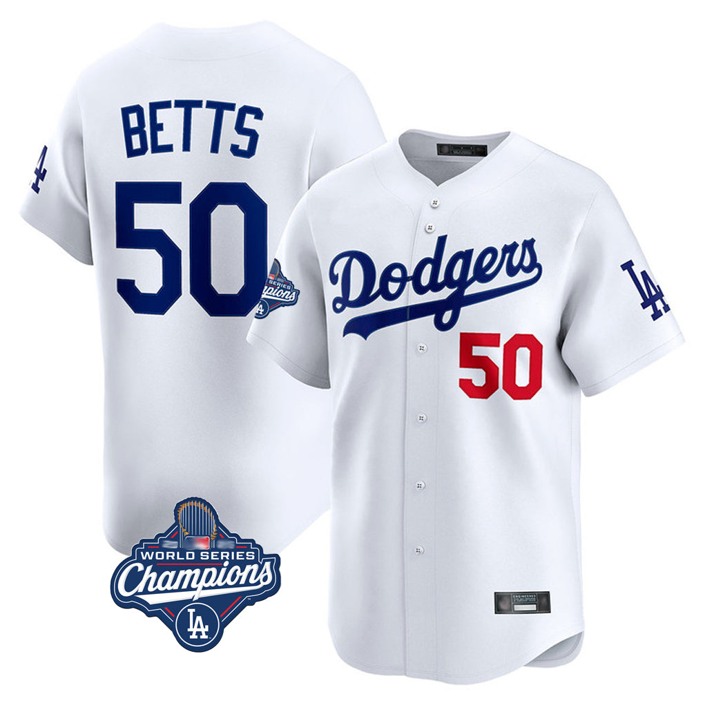 LA.Dodgers #50 Mookie Betts Player White World Series Meet Limited Home Jdoa Stitched Jerseys