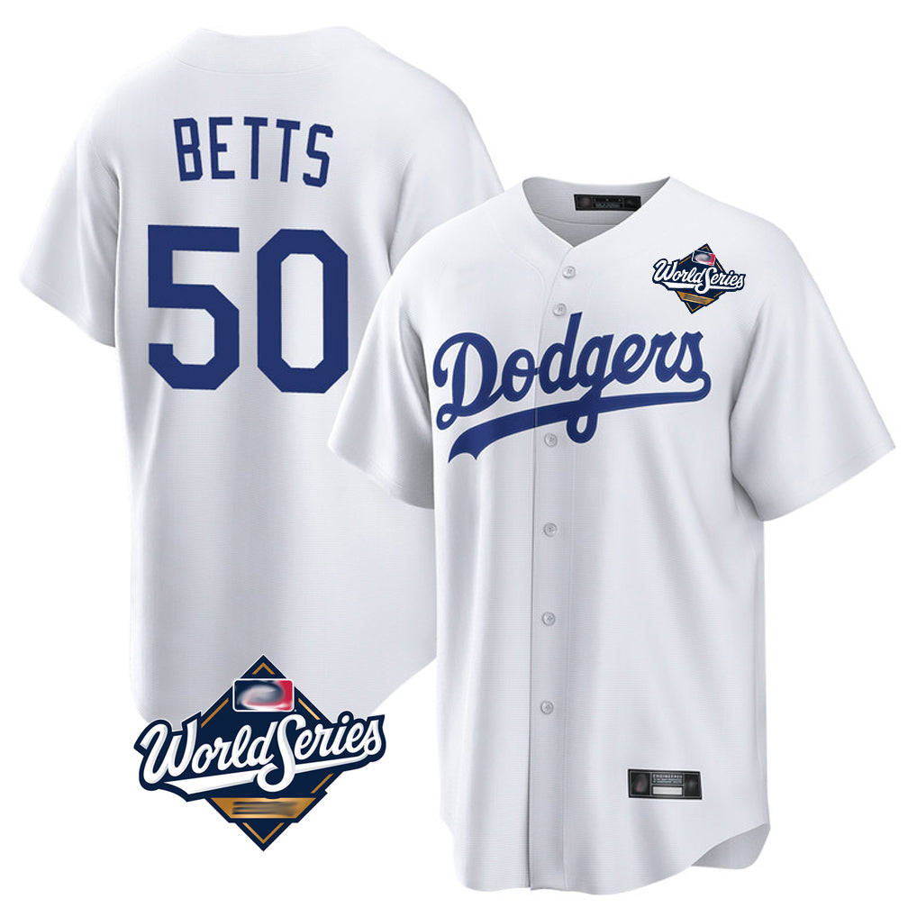LA.Dodgers #50 Mookie Betts Player White World Series Game Home Jdoa Stitched Jerseys