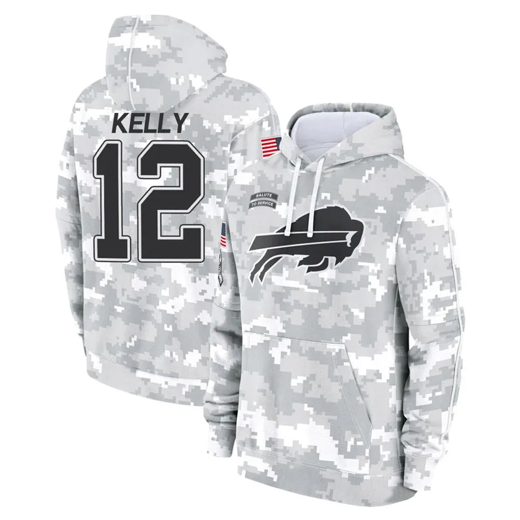 B.Bills #12 Jim Kelly Player Arctic Camo Salute to Service Hoodies Limited Jdoa Stitched Jerseys