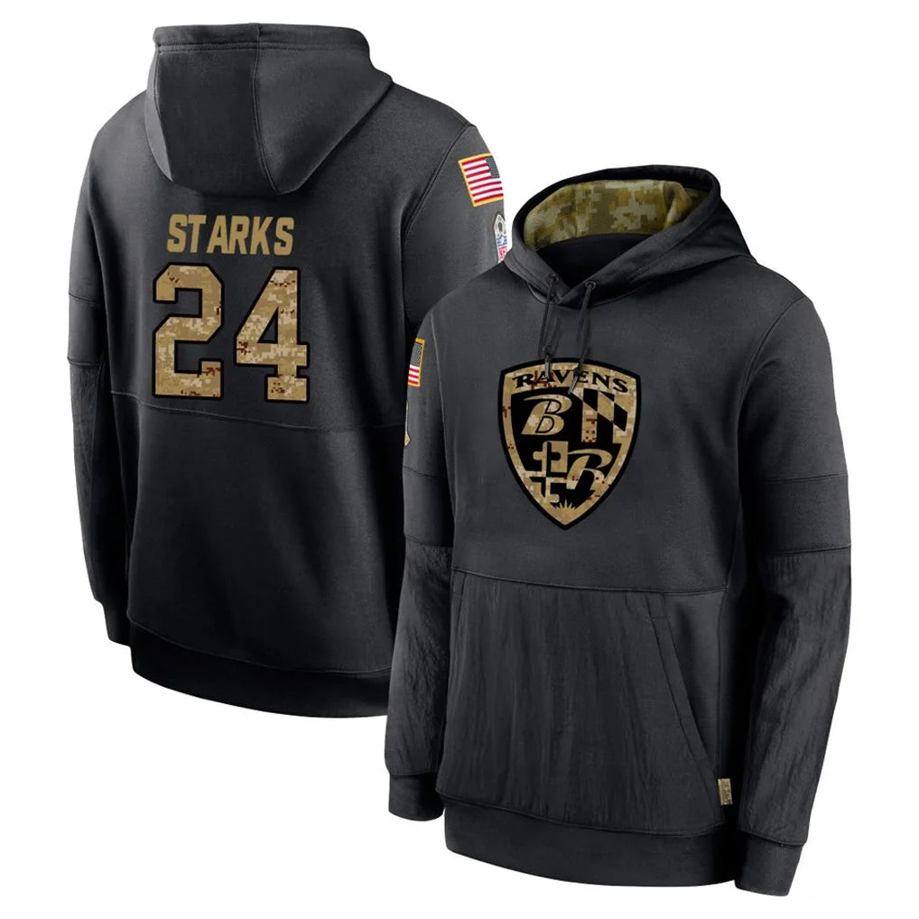 B.Ravens #24 Malaki Starks Player Black Salute to Service Pullover Hoodie Jdoa Stitched Jerseys